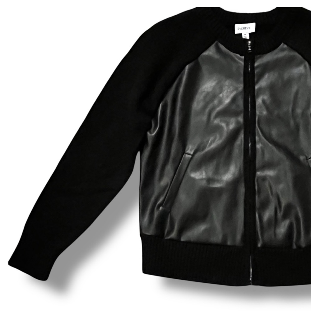 NEW Evereve Harlow Bomber Cardigan Medium Full Zip Faux Leather Panel Black - Picture 7 of 11